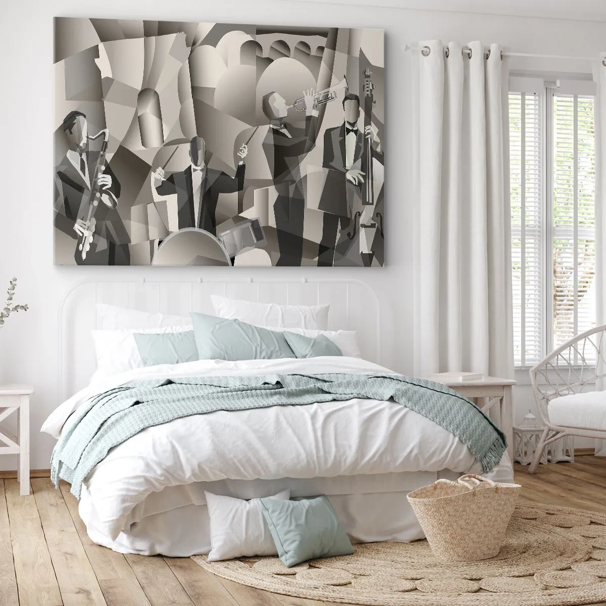 Obraz na płótnie - Abstrakcyjna scena z muzykami jazzowymi w szarościach - 120x80cm - W przestrzeni dźwięków - Nowoczesna dekoracja ścienna do salonu, kuchni i sypialni ARTTOR