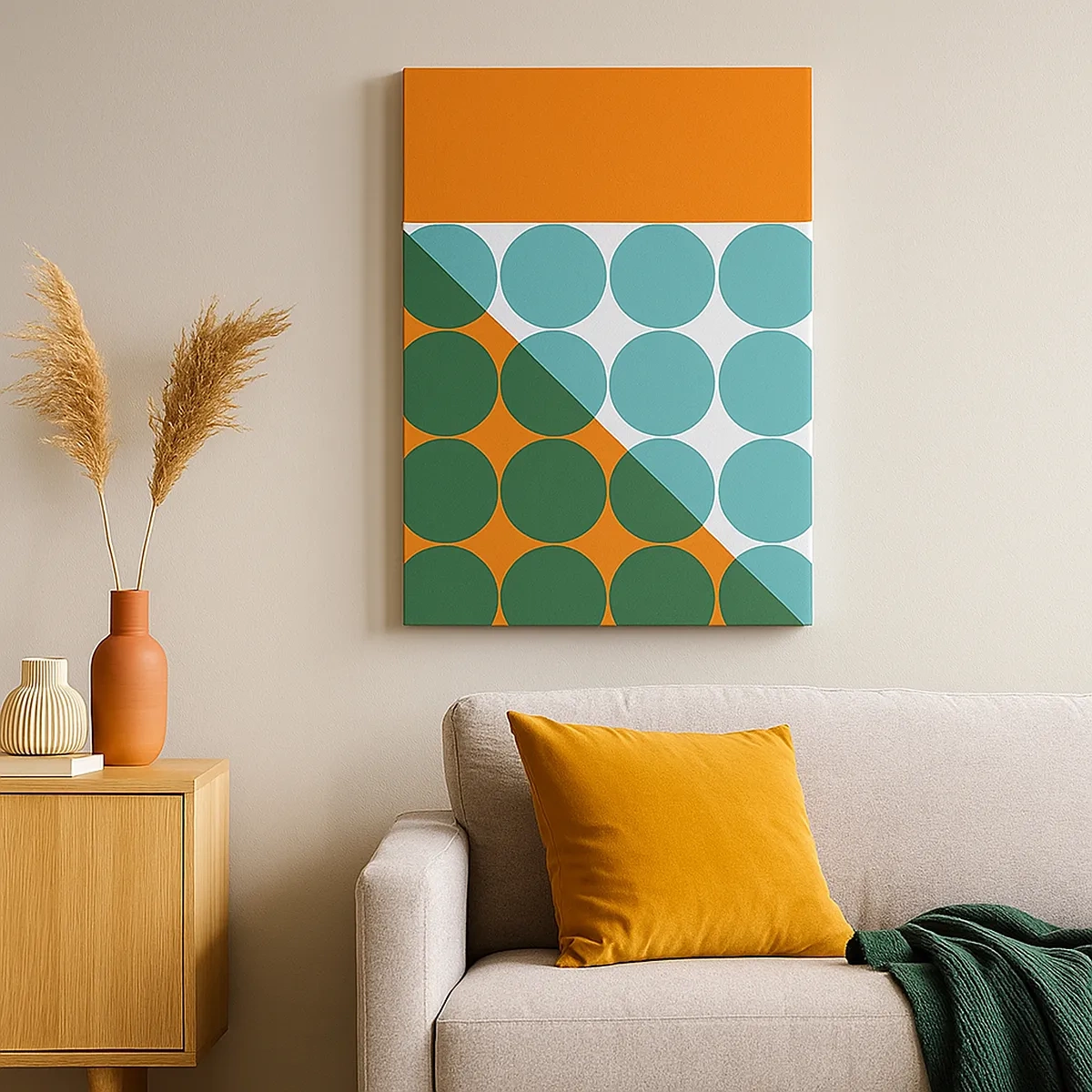 Obraz na płótnie - Geometryczny wzór z kołami w odcieniach zieleni, turkusu i pomarańczu - 50x70cm - W górę i na skos - Nowoczesna dekoracja ścienna do salonu, kuchni i sypialni ARTTOR