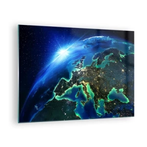 Obraz na szkle - Widok Ziemi z kosmosu z Europą w blasku świateł nocnych - 70x50cm - Roziskrzona Europa - Nowoczesna dekoracja ścienna do salonu i sypialni ARTTOR