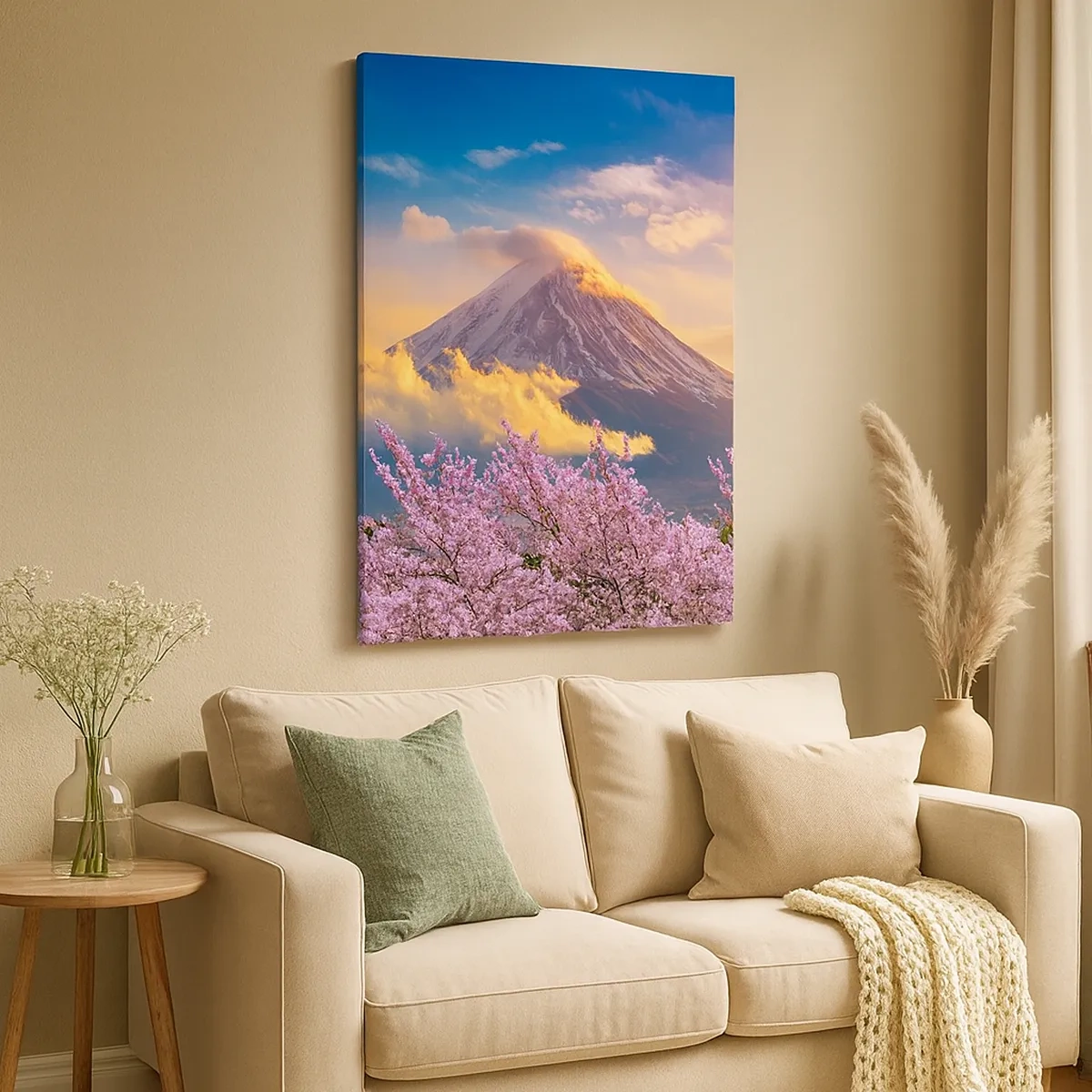 Obraz na płótnie - Góra Fuji w otoczeniu kwitnących wiśni o zachodzie słońca - 50x70cm - Japońska świętość - Nowoczesna dekoracja ścienna do salonu, kuchni i sypialni ARTTOR