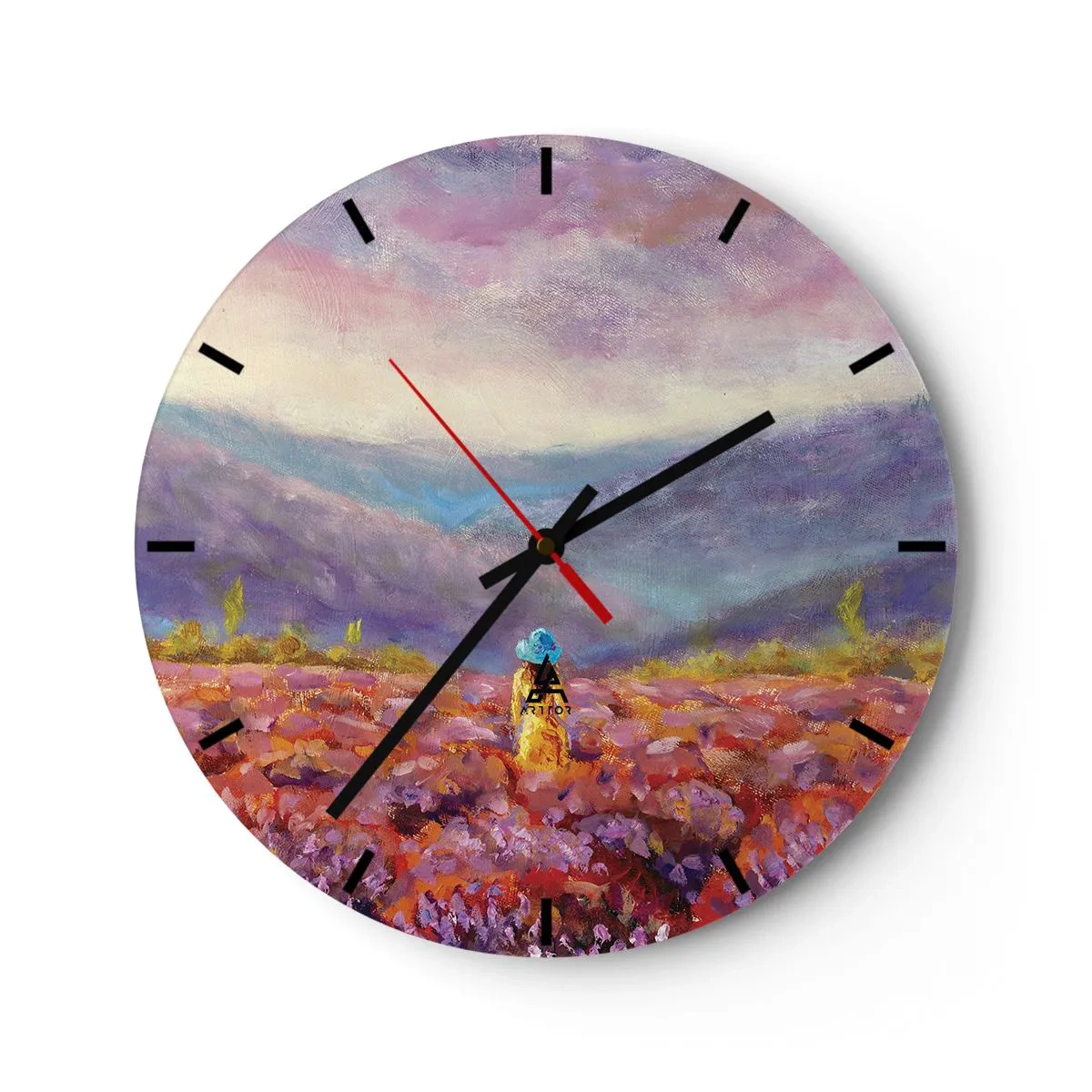 Zegar ścienny - Kobieta w kapeluszu wśród lawendowego pola z widokiem na góry - 30x30cm - W lawendowym świecie - Nowoczesna dekoracja ścienna do salonu, kuchni i sypialni ARTTOR