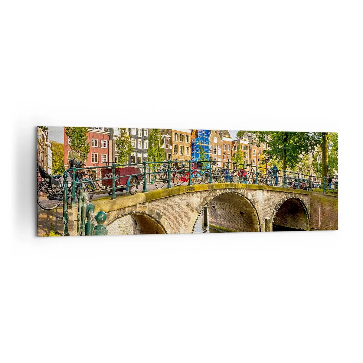 Obraz na płótnie - Malowniczy kanał z mostem w Amsterdamie - 160x50cm - Wiosna nad kanałem - Nowoczesna dekoracja ścienna do salonu i sypialni ARTTOR