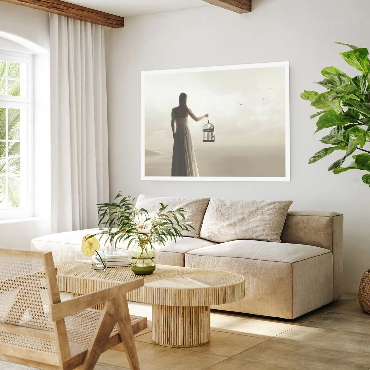 Plakat - Kobieta z klatką na tle spokojnego nieba - 100x70cm - Bądź wolna - Nowoczesna dekoracja ścienna do salonu i sypialni ARTTOR