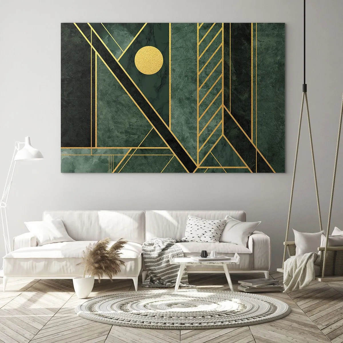 Obraz na szkle - Zielono-złota abstrakcja geometryczna w stylu art deco - 70x50cm - Dynamika złota i lazuru - Nowoczesna dekoracja ścienna do salonu i sypialni ARTTOR