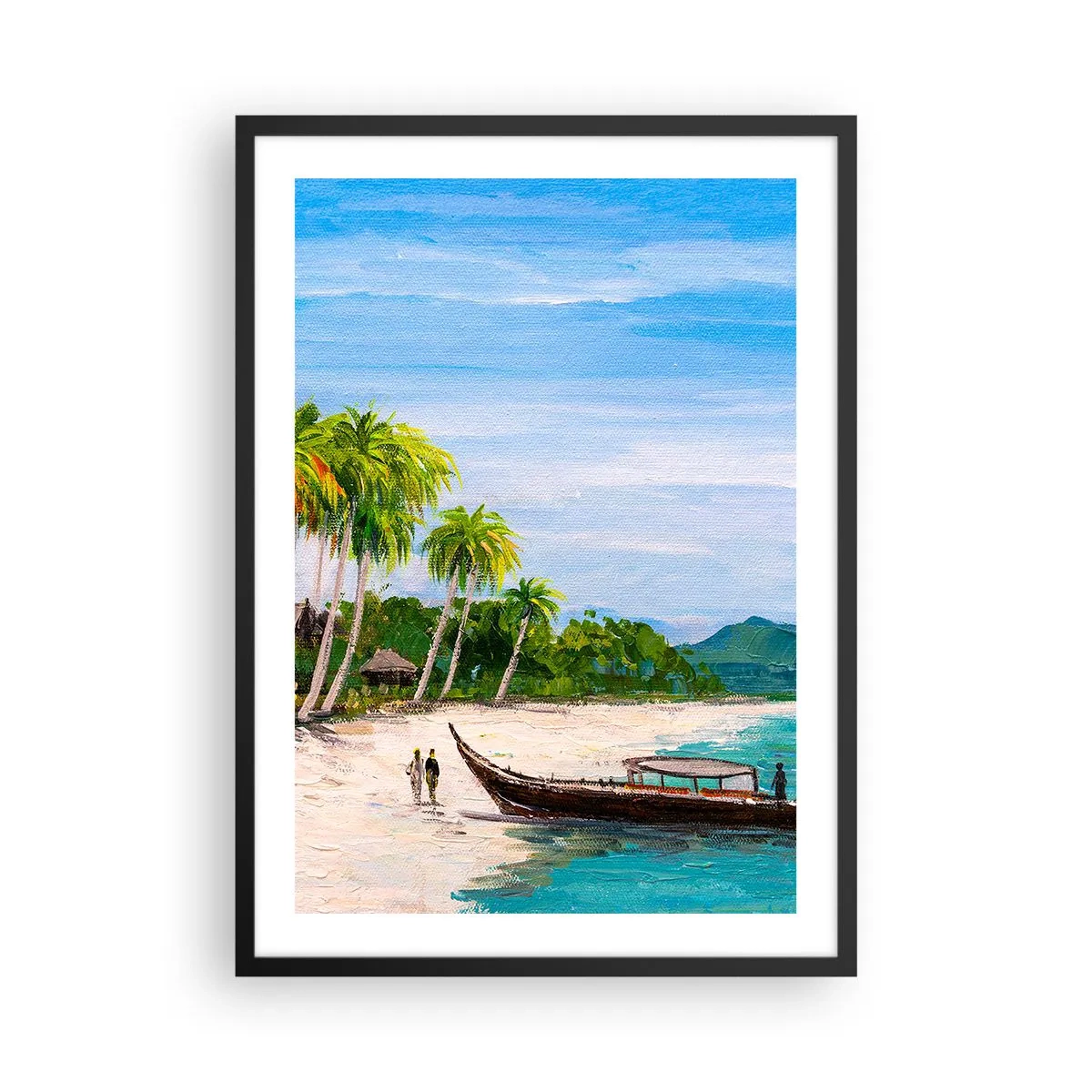 Plakat w czarnej ramie - Tropikalna plaża z palmami i łodzią na brzegu - 50x70cm - Egzotyczny sen - Nowoczesna dekoracja ścienna do salonu i sypialni ARTTOR