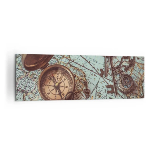 Obraz na płótnie - Kompozycja z kompasem, kluczami i starą mapą w stylu retro - 160x50cm - Dla poszukiwacza przygód - Nowoczesna dekoracja ścienna do salonu i sypialni ARTTOR