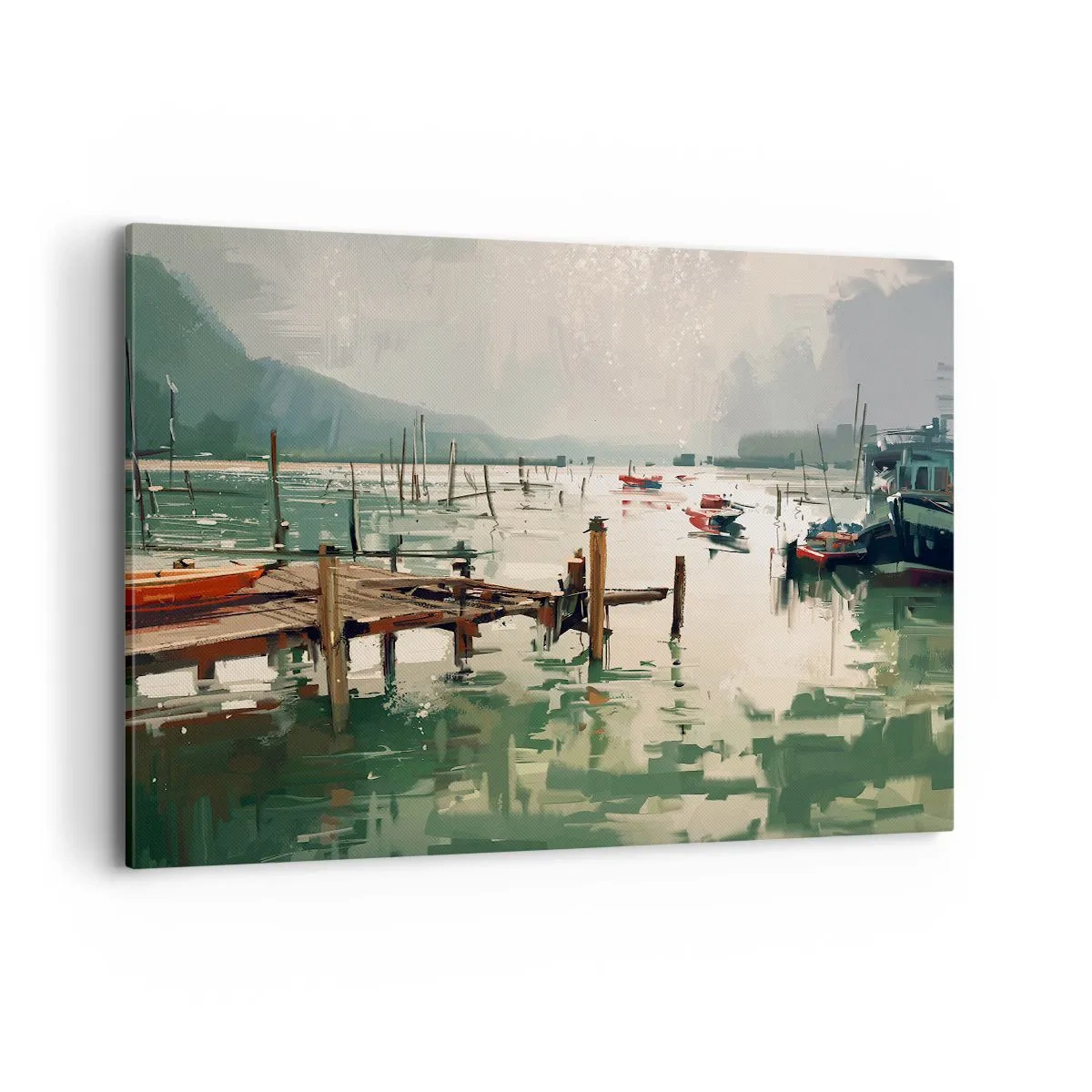 Obraz na płótnie - Malowniczy port z łodziami na spokojnej wodzie - 100x70cm - Oblane roztopionym księżycem - Nowoczesna dekoracja ścienna do salonu, kuchni i sypialni ARTTOR