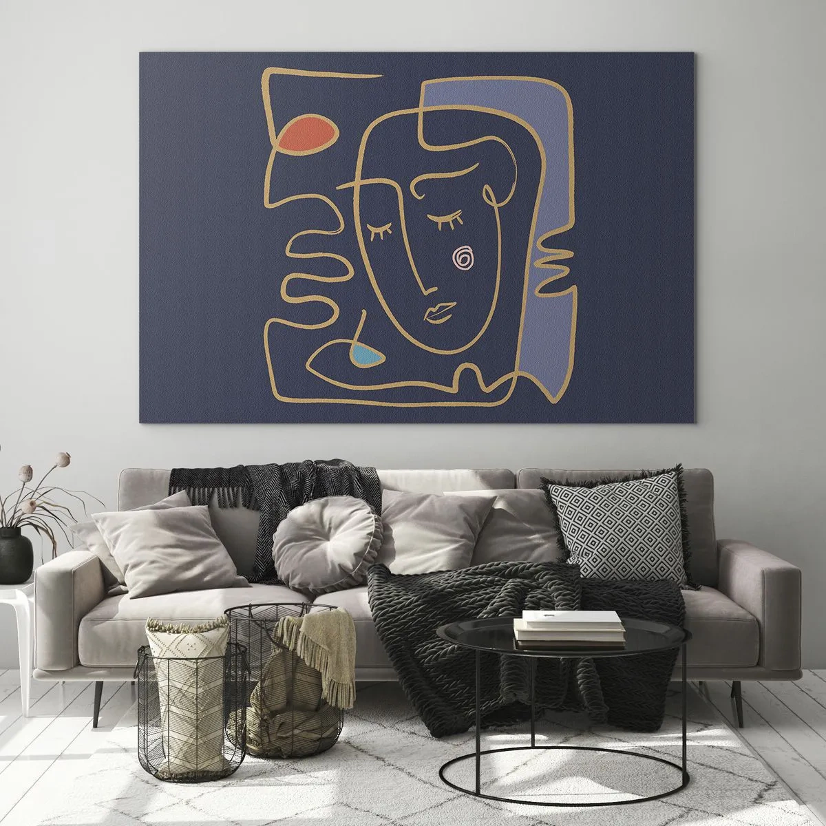 Obraz na szkle - Abstrakcyjna twarz w konturach na granatowym tle - 120x80cm - W zamyśleniu - Nowoczesna dekoracja ścienna do salonu, kuchni i sypialni ARTTOR