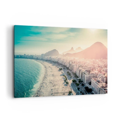 Obraz na płótnie - Panorama plaży Copacabana z górami w tle w Rio de Janeiro - 120x80cm - Wieczne wakacje w Rio - Nowoczesna dekoracja ścienna do salonu, kuchni i sypialni ARTTOR