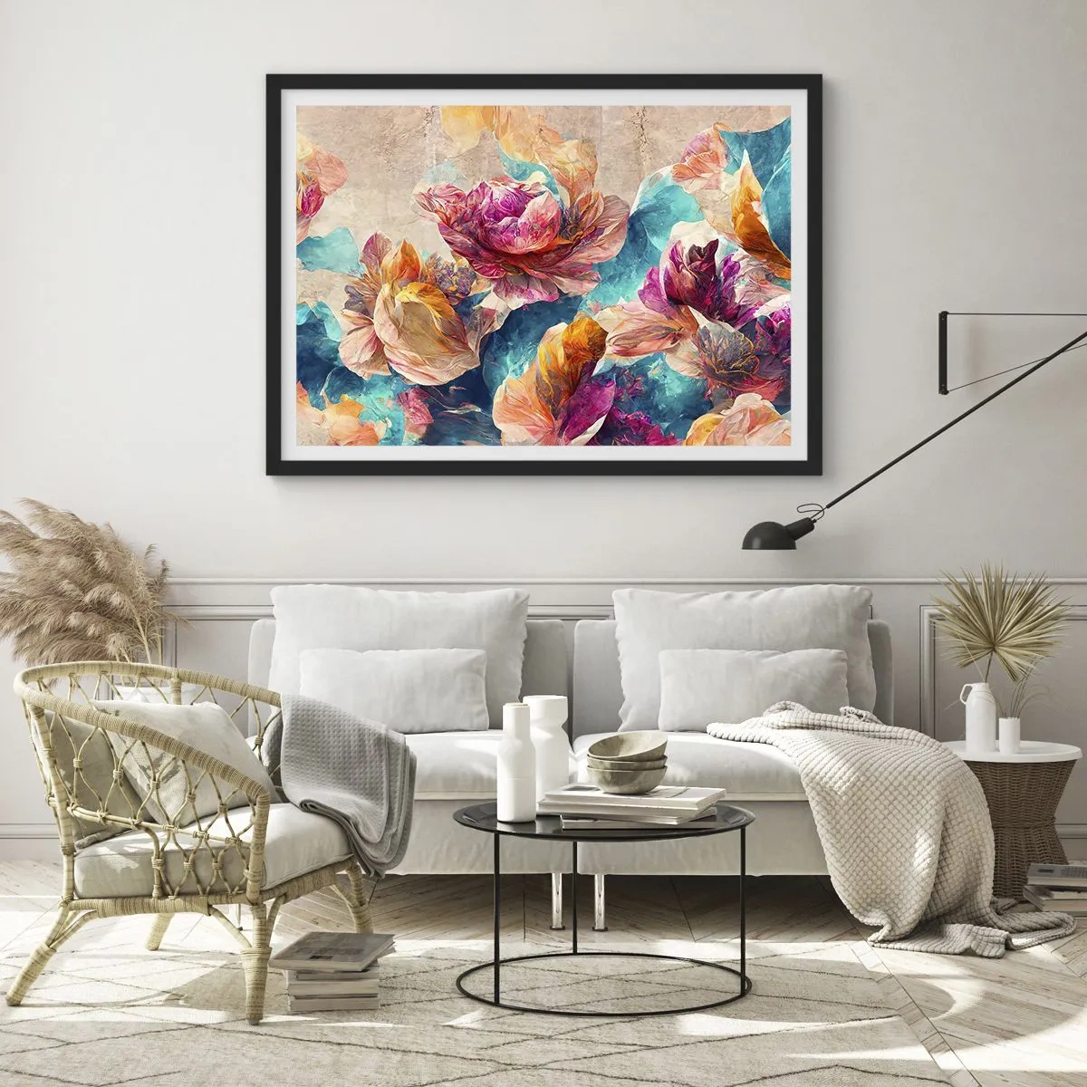 Plakat w czarnej ramie - Kolorowe kwiaty na beżowym tle - 70x50cm - Barwny przepych bukietu - Nowoczesna dekoracja ścienna do salonu i sypialni ARTTOR