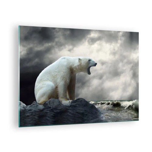 Obraz na szkle - Niedźwiedź polarny na tle burzowego nieba - 70x50cm - Samotny król Arktyki - Nowoczesna dekoracja ścienna do salonu i sypialni ARTTOR