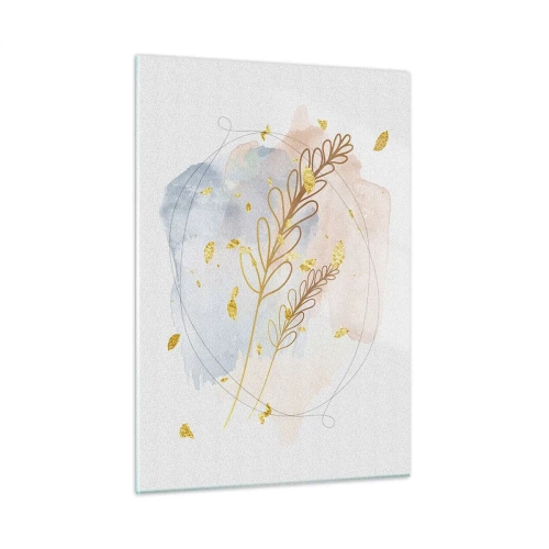 Obraz na szkle - Delikatna kompozycja z gałązkami i złotymi liśćmi na akwareli - 50x70cm - Złoty podmuch - Nowoczesna dekoracja ścienna do salonu, kuchni i sypialni ARTTOR