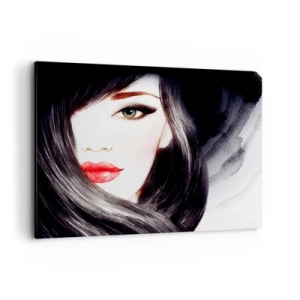 Obraz na płótnie - Portret kobiety z wyrazistym spojrzeniem i czerwonymi ustami - 100x70cm - Szafirowe spojrzenie - Nowoczesna dekoracja ścienna do salonu, kuchni i sypialni ARTTOR