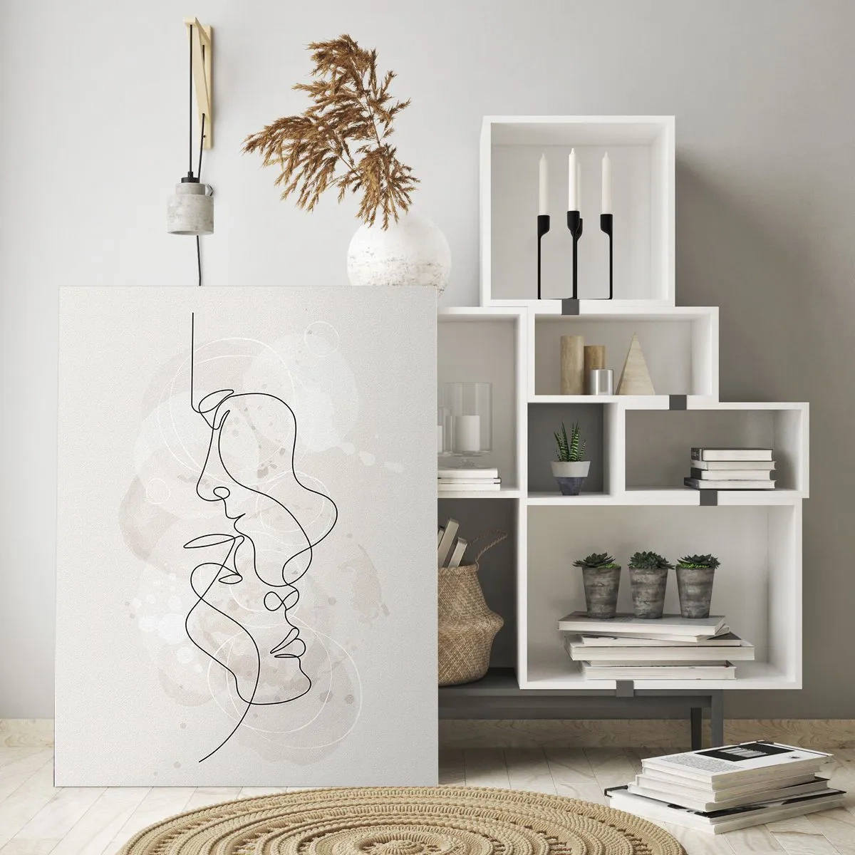 Obraz na szkle - Minimalistyczny rysunek twarzy dwóch osób w subtelnym, zmysłowym uścisku - 50x70cm - Splątani w uścisku - Nowoczesna dekoracja ścienna do salonu, kuchni i sypialni ARTTOR