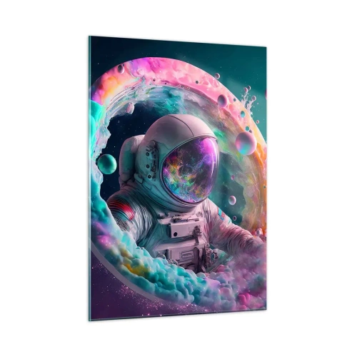 Obraz na szkle - Astronauta w kolorowej przestrzeni kosmicznej - 50x70cm - Gwiezdne wrota - Nowoczesna dekoracja ścienna do salonu, kuchni i sypialni ARTTOR