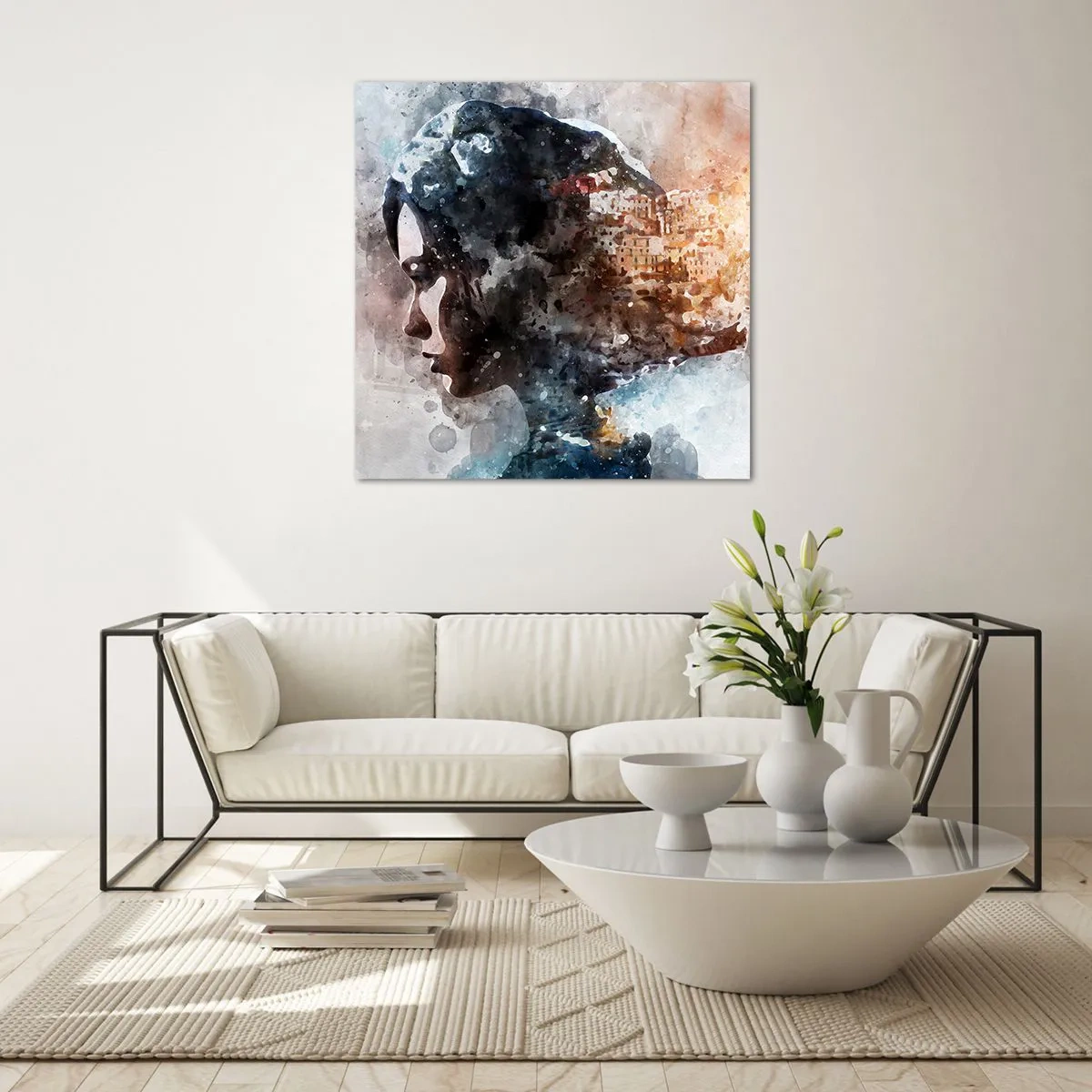 Obraz na szkle - Opowieść o dziewczynie z miastem w tle - 50x50 cm