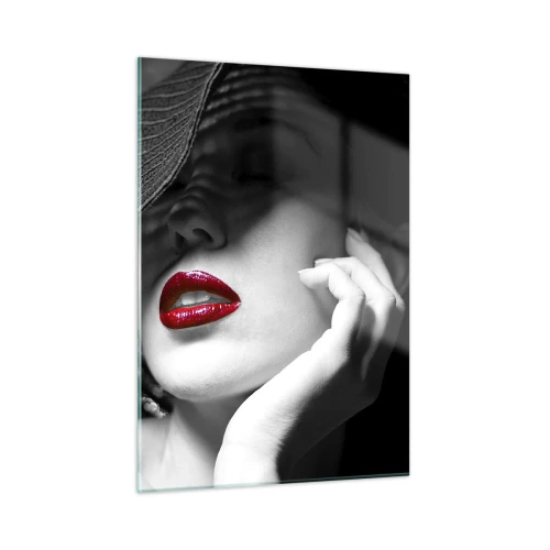 Obraz na szkle - Czarno-biała kompozycja z akcentem czerwonych ust - 50x70cm - Studium w szkarłacie - Nowoczesna dekoracja ścienna do salonu, kuchni i sypialni ARTTOR