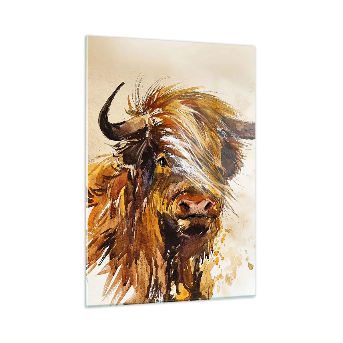 Obraz na szkle - Akwarelowa ilustracja byka szkockiego o długiej sierści - 50x70cm - Duma łowcy - Nowoczesna dekoracja ścienna do salonu, kuchni i sypialni ARTTOR