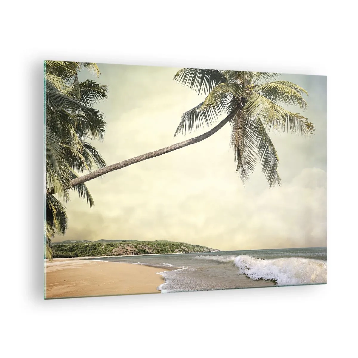 Obraz na szkle - Tropikalna plaża z palmą i falami - 70x50cm - Tropikalne marzenie - Nowoczesna dekoracja ścienna do salonu i sypialni ARTTOR