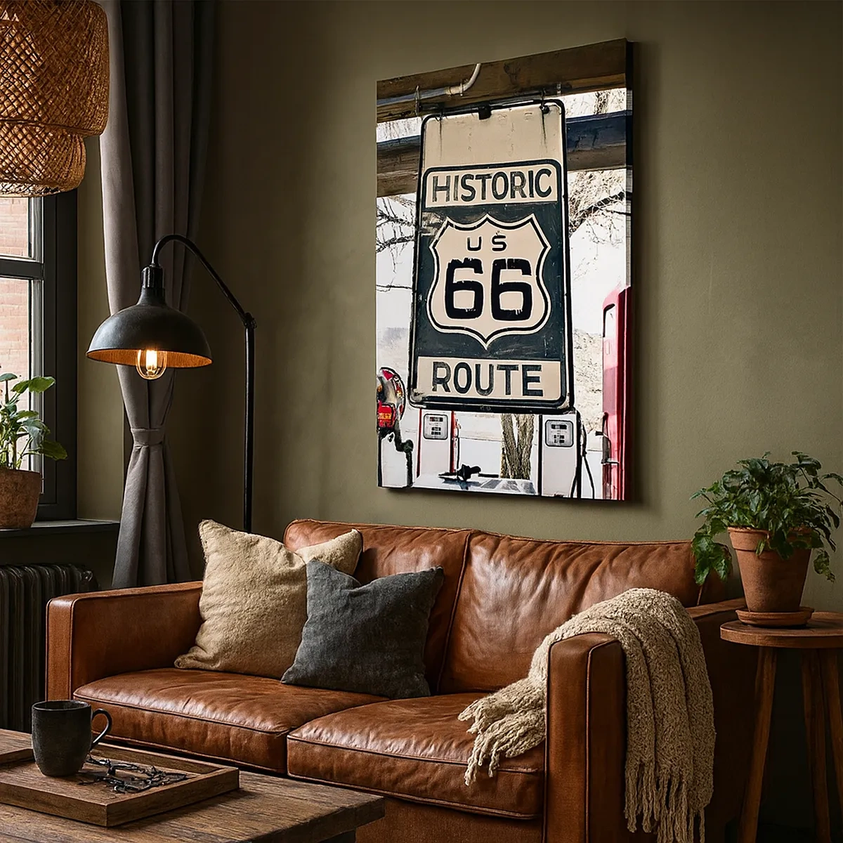 Obraz na płótnie - Historyczny znak Route 66 z retro klimatem - 50x70cm - Amerykańska retro podróż - Nowoczesna dekoracja ścienna do salonu, kuchni i sypialni ARTTOR