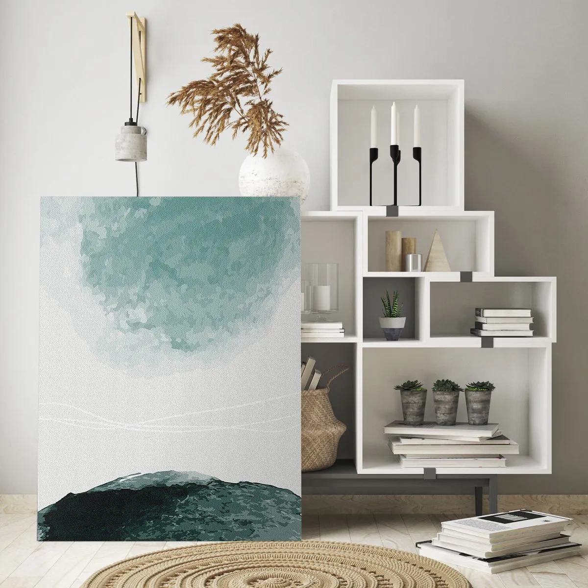 Obraz na szkle - Delikatna kompozycja abstrakcyjna w odcieniach zieleni z subtelnymi formami na jasnym tle - 80x120cm - Spotkanie z mgłą - Nowoczesna dekoracja ścienna do salonu i sypialni ARTTOR