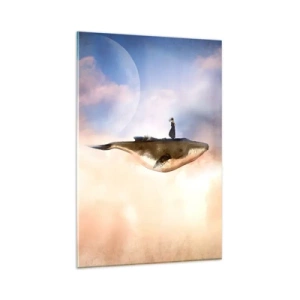 Obraz na szkle - Fantastyczna scena kobiety na wielorybie wśród chmur - 80x120cm - Nadrealna podróż - Nowoczesna dekoracja ścienna do salonu i sypialni ARTTOR