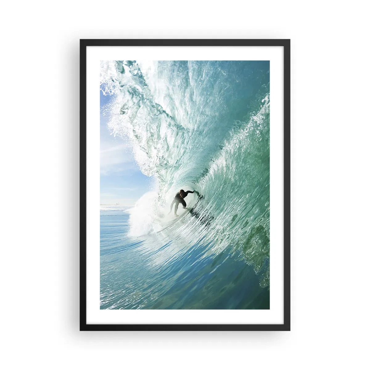 Plakat w czarnej ramie - Surfer na fali w świetle słońca - 50x70cm - Zawsze na fali - Nowoczesna dekoracja ścienna do salonu i sypialni ARTTOR