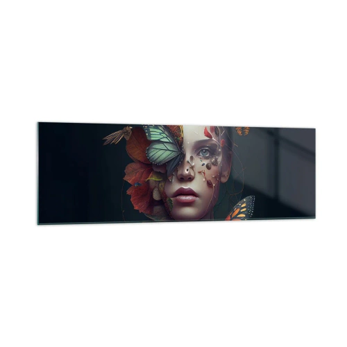 Obraz na szkle - Portret kobiety z motylami i elementami roślinnymi - 160x50cm - Cudowna metamorfoza - Nowoczesna dekoracja ścienna do salonu i sypialni ARTTOR