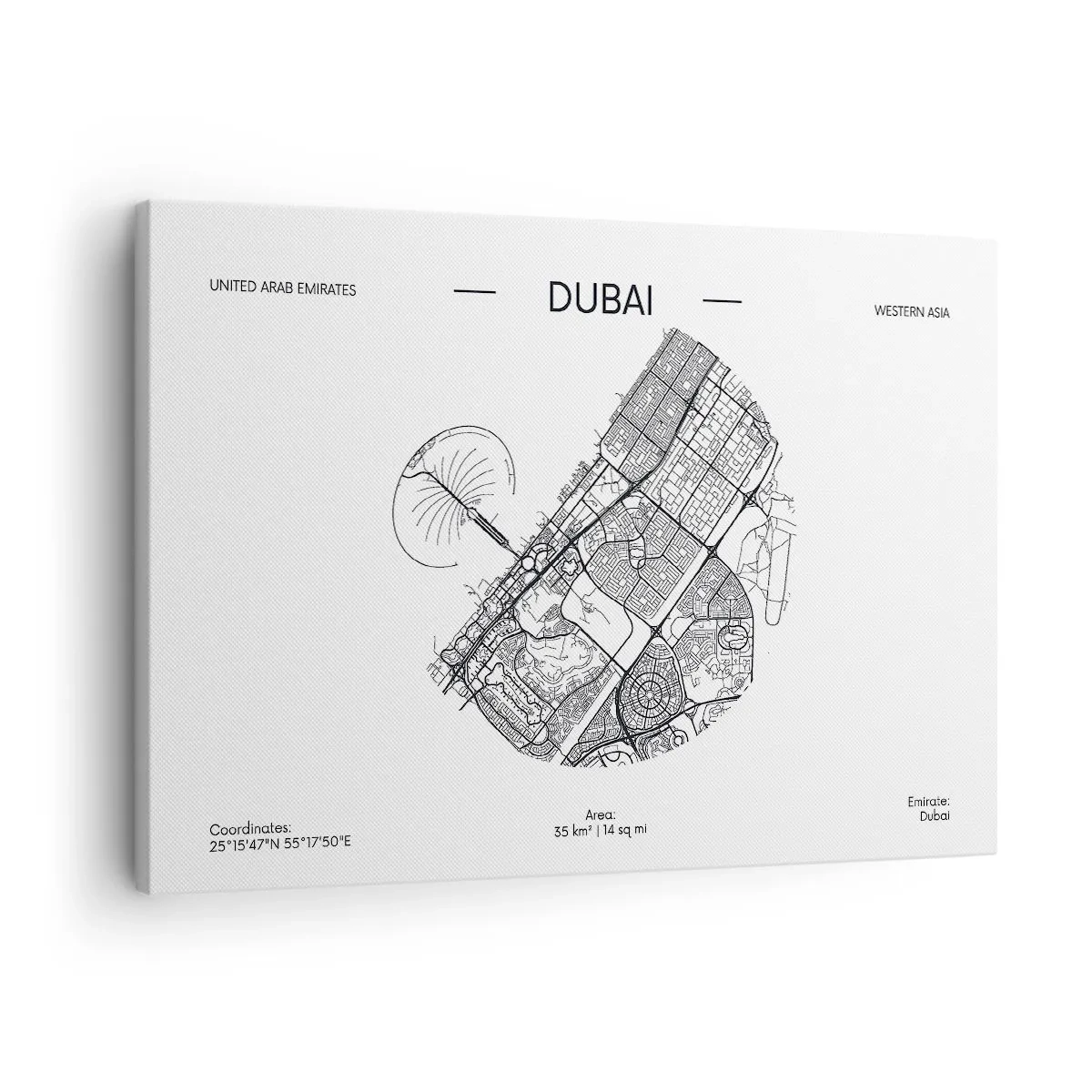 Obraz na płótnie - Minimalistyczna mapa Dubaju w czarno-białej kolorystyce z oznaczeniami lokalizacji - 70x50cm - Anatomia Dubaju - Nowoczesna dekoracja ścienna do salonu i sypialni ARTTOR