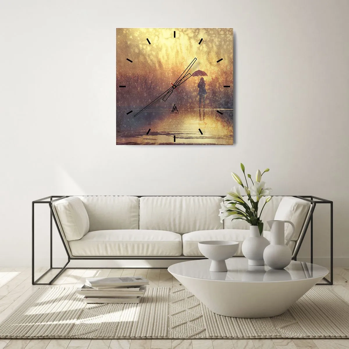 Zegar ścienny - Postać z parasolem w mglistym krajobrazie pełnym refleksji - 30x30cm - Czuję, że ktoś na mnie patrzy - Nowoczesna dekoracja ścienna do salonu i sypialni ARTTOR