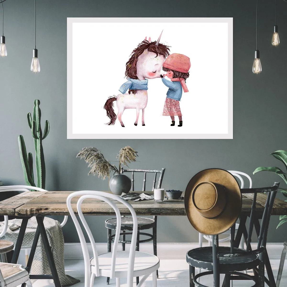 Plakat - Dziewczynka i jednorożec w zimowej scenerii - 100x70cm - Zimowa opowieść - Nowoczesna dekoracja ścienna do salonu i sypialni ARTTOR