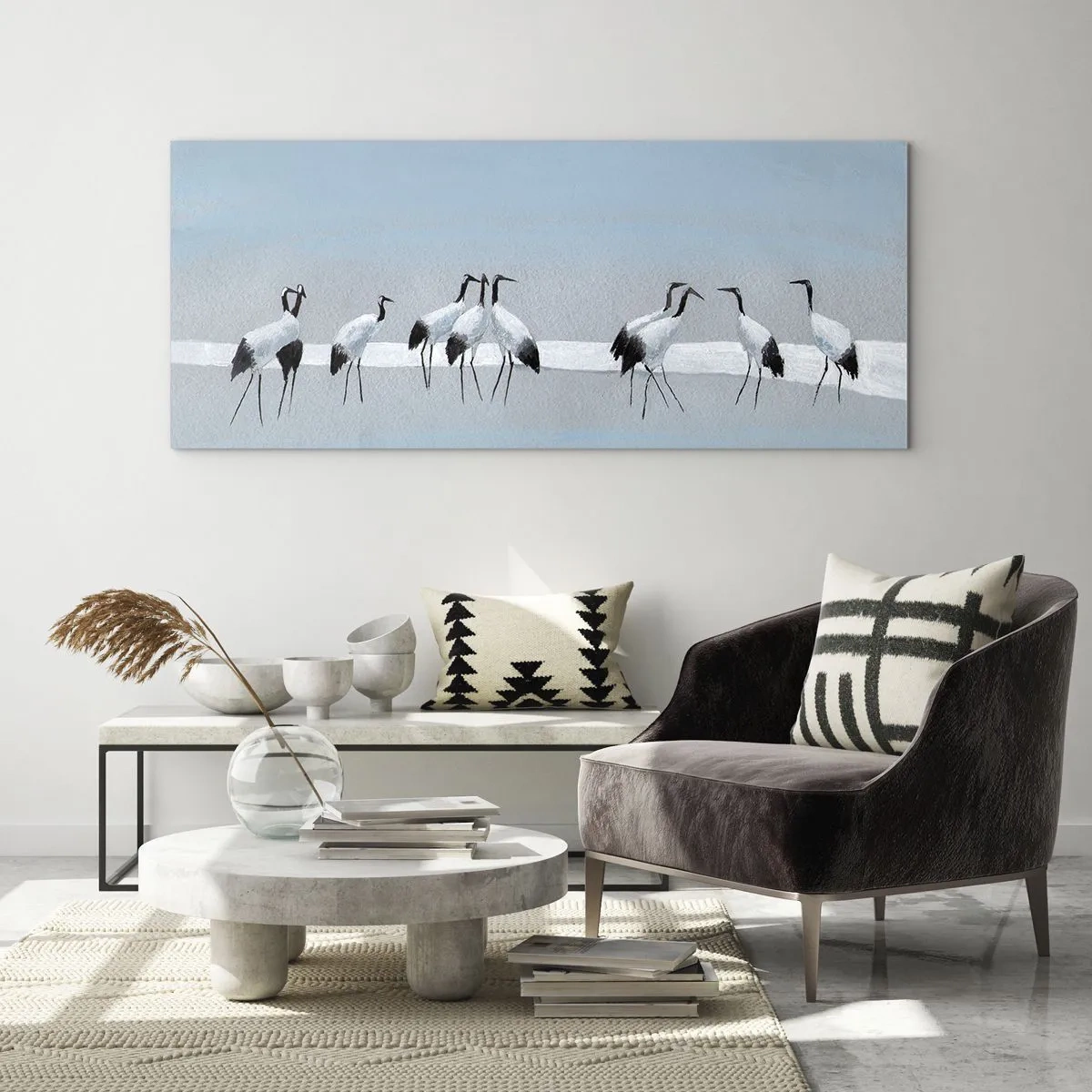 Obraz na szkle - Grupa żurawi na tle błękitnego nieba i wschodzącego słońca - 120x50cm - Po gorącym dniu - Nowoczesna dekoracja ścienna do salonu i sypialni ARTTOR