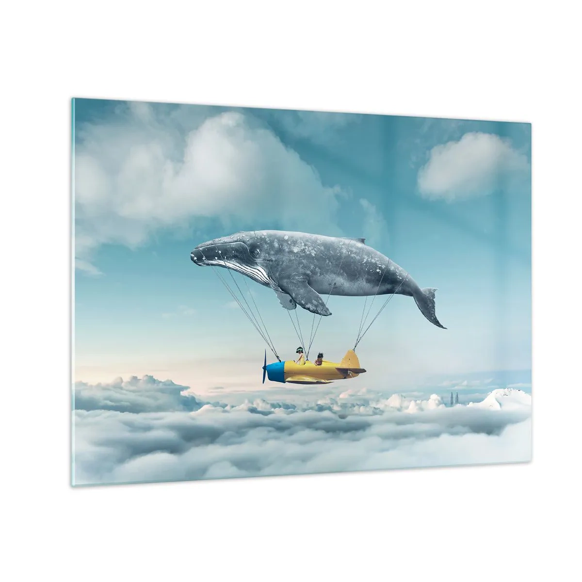 Obraz na szkle - Wieloryb unoszący samolot nad chmurami w surrealistycznej scenerii - 70x50cm - Dlaczego nie? - Nowoczesna dekoracja ścienna do salonu i sypialni ARTTOR