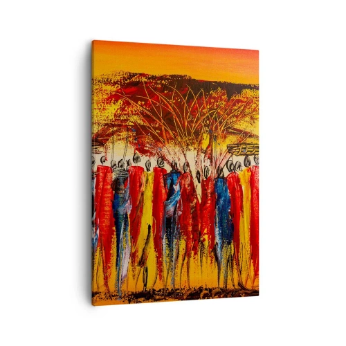 Obraz na płótnie - Kolorowa, abstrakcyjna scena przedstawiająca afrykańską procesję - 50x70cm - Tam, tam, tam tam idą - Nowoczesna dekoracja ścienna do salonu, kuchni i sypialni ARTTOR