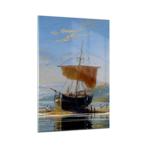 Obraz na szkle - Statek na brzegu morza w słoneczny dzień - 80x120cm - Woda, ziemia, powietrze - Nowoczesna dekoracja ścienna do salonu i sypialni ARTTOR
