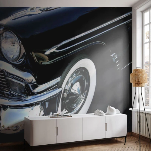 Fototapeta Premium Sand - Zbliżenie na klasyczny czarny samochód - 100x70cm - Klasyka w srebrze, czerni i bieli - Nowoczesna dekoracja ścienna do salonu, kuchni i sypialni ARTTOR