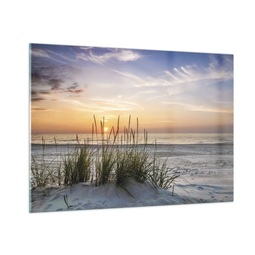 Obraz na szkle - Zachód słońca nad plażą z trawami - 100x70cm - Popatrz, pomyśl, poczuj - Nowoczesna dekoracja ścienna do salonu, kuchni i sypialni ARTTOR