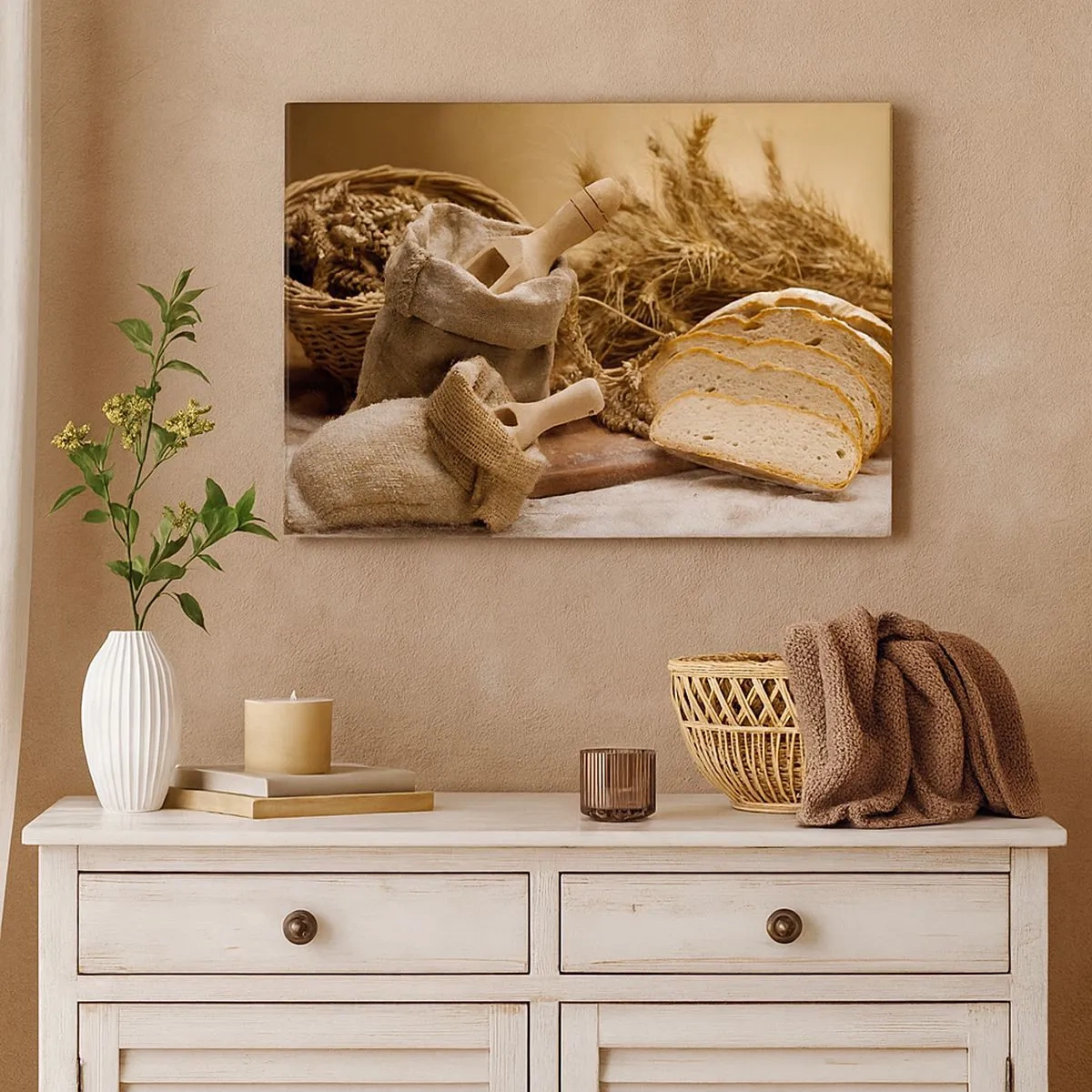 Obraz na płótnie - Krajobraz z chlebem, mąką i kłosami zbóż w rustykalnym stylu - 70x50cm - Jak nożem uciął - Nowoczesna dekoracja ścienna do salonu i sypialni ARTTOR