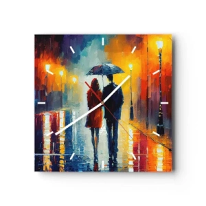 Zegar ścienny - Para pod parasolem spacerująca po kolorowym nocnym mieście - 30x30cm - Razem – kolorowa noc - Nowoczesna dekoracja ścienna do salonu i sypialni ARTTOR