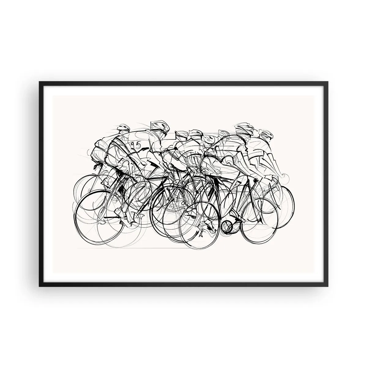 Plakat w czarnej ramie - Grupa kolarzy w ruchu w minimalistycznym stylu - 100x70cm - Wespół w zespół - Nowoczesna dekoracja ścienna do salonu i sypialni ARTTOR