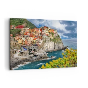 Obraz na płótnie - Kolorowe domy na klifie nad brzegiem morza w Cinque Terre - 120x80cm - Gromadka przytulona do skał - Nowoczesna dekoracja ścienna do salonu, kuchni i sypialni ARTTOR