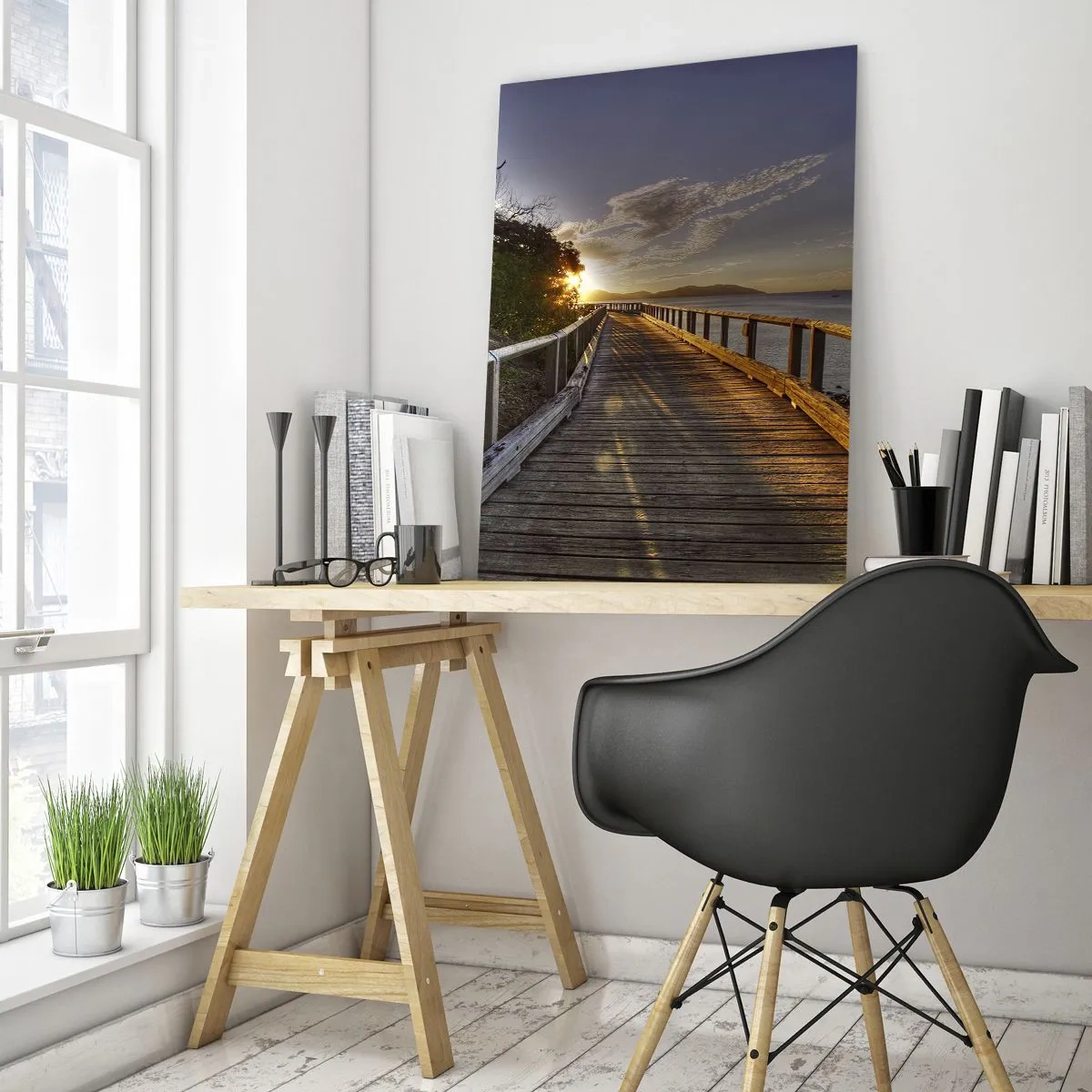 Obraz na szkle - Drewniana kładka o zachodzie słońca - 50x70cm - Iść, ciągle iść w stronę słońca - Nowoczesna dekoracja ścienna do salonu, kuchni i sypialni ARTTOR