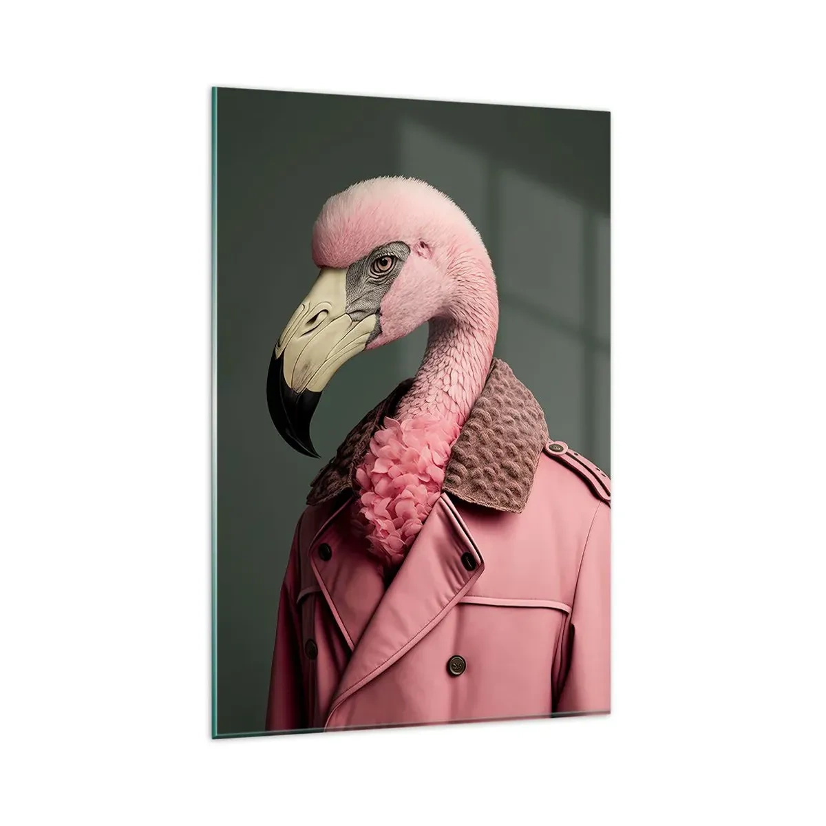 Obraz na szkle - Stylizowany flaming w różowym płaszczu na zielonym tle - 80x120cm - Prawdziwy elegant - Nowoczesna dekoracja ścienna do salonu i sypialni ARTTOR