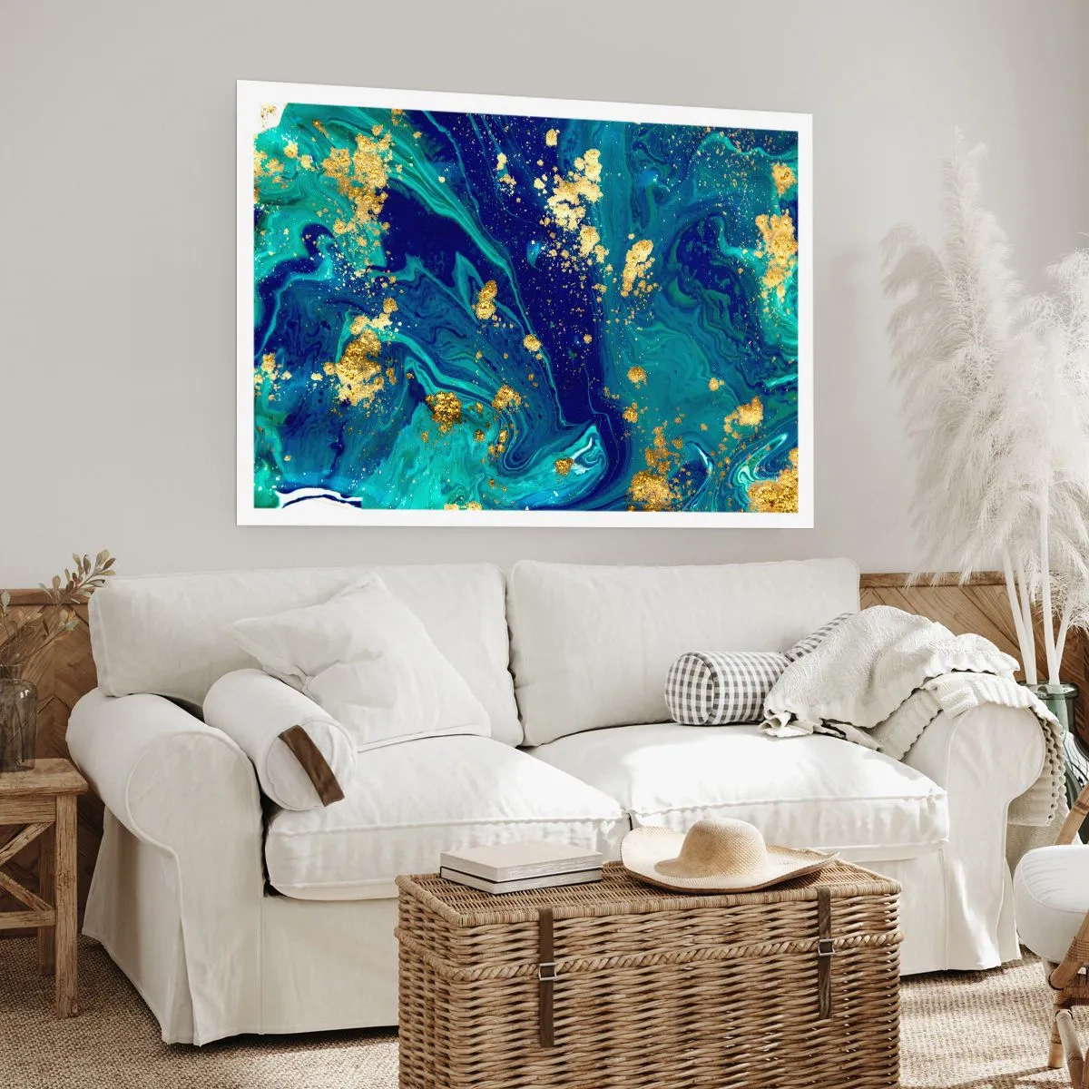 Plakat - Abstrakcyjna kompozycja z błękitem, zielenią i złotymi akcentami - 100x70cm - Płatki słońca - Nowoczesna dekoracja ścienna do salonu i sypialni ARTTOR