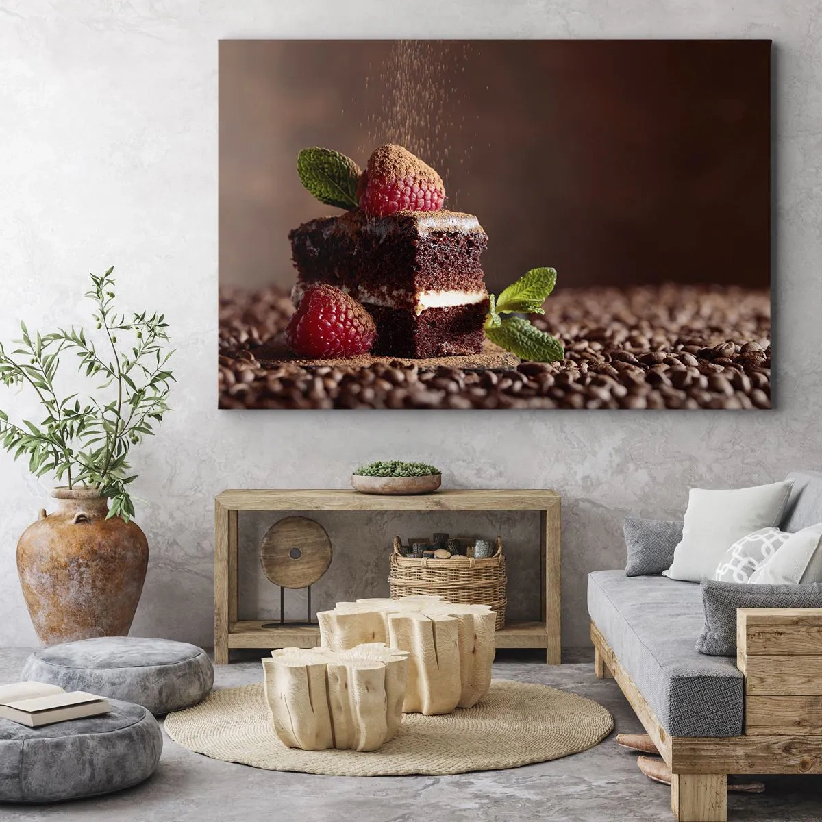 Obraz na płótnie - Czekoladowe ciasto z malinami i miętą na tle ziaren kakao - 70x50cm - Życie jest słodkie - Nowoczesna dekoracja ścienna do salonu i sypialni ARTTOR
