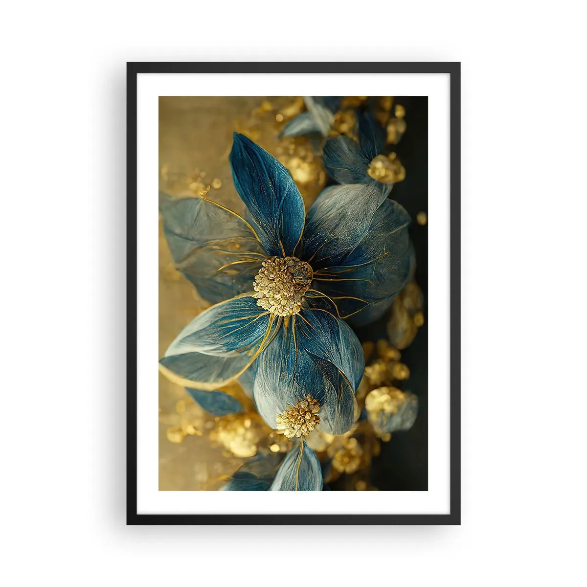 Plakat w czarnej ramie - Złote i granatowe kwiaty w eleganckiej kompozycji - 50x70cm - Zakwitnąć złotem - Nowoczesna dekoracja ścienna do salonu i sypialni ARTTOR