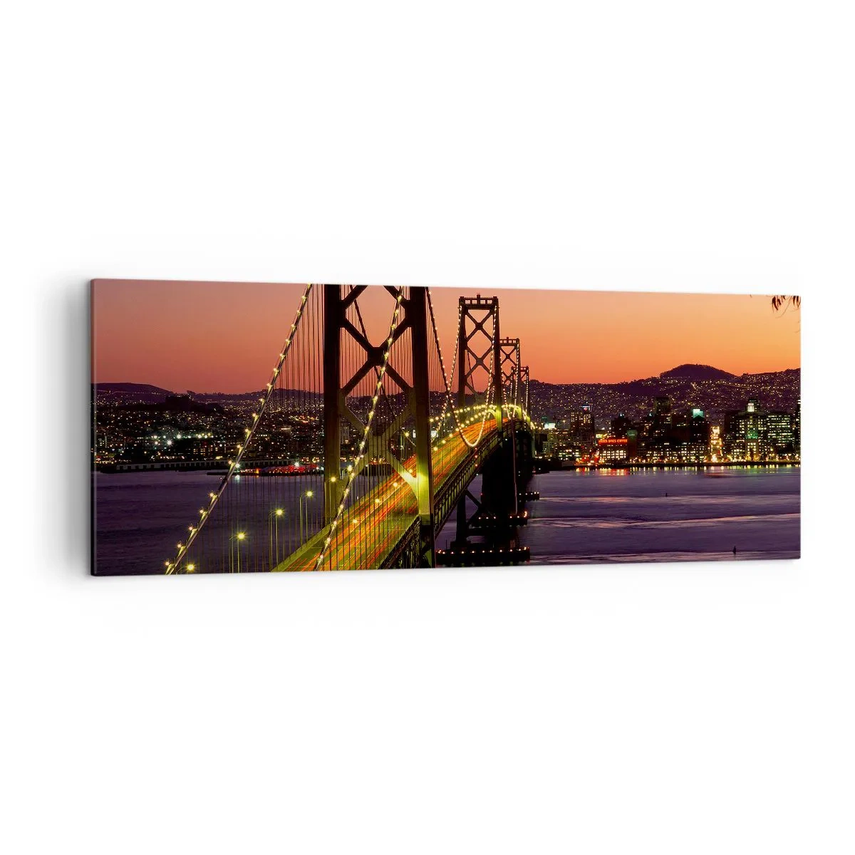 Obraz na płótnie - Most podświetlony nocą nad wodą z panoramą miasta - 140x50cm - Wieczór we fiolecie - Nowoczesna dekoracja ścienna do salonu i sypialni ARTTOR