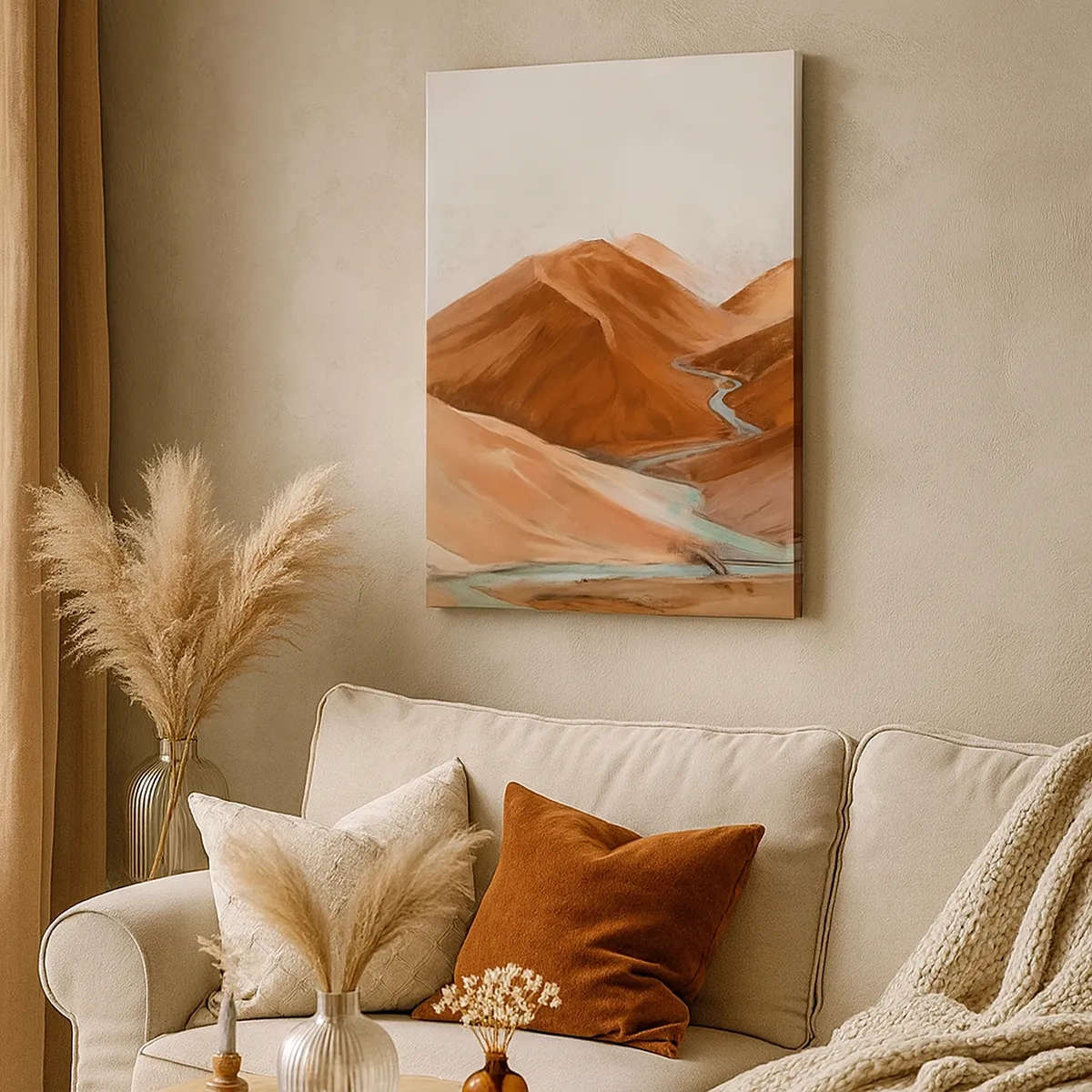 Obraz na płótnie - Piaszczyste wzgórza z wijącą się rzeką w ciepłych, ziemistych tonach - 50x70cm - Do źródła - Nowoczesna dekoracja ścienna do salonu, kuchni i sypialni ARTTOR