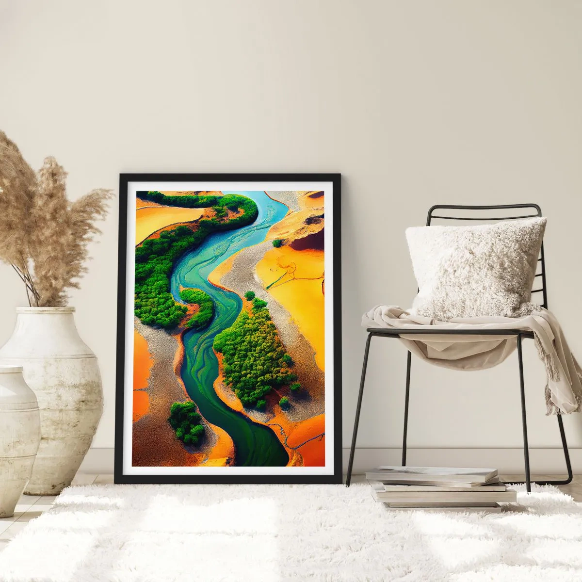 Plakat w czarnej ramie - Kolorowy krajobraz z wijącą się rzeką - 50x70cm - Życiodajna rzeka - Nowoczesna dekoracja ścienna do salonu i sypialni ARTTOR