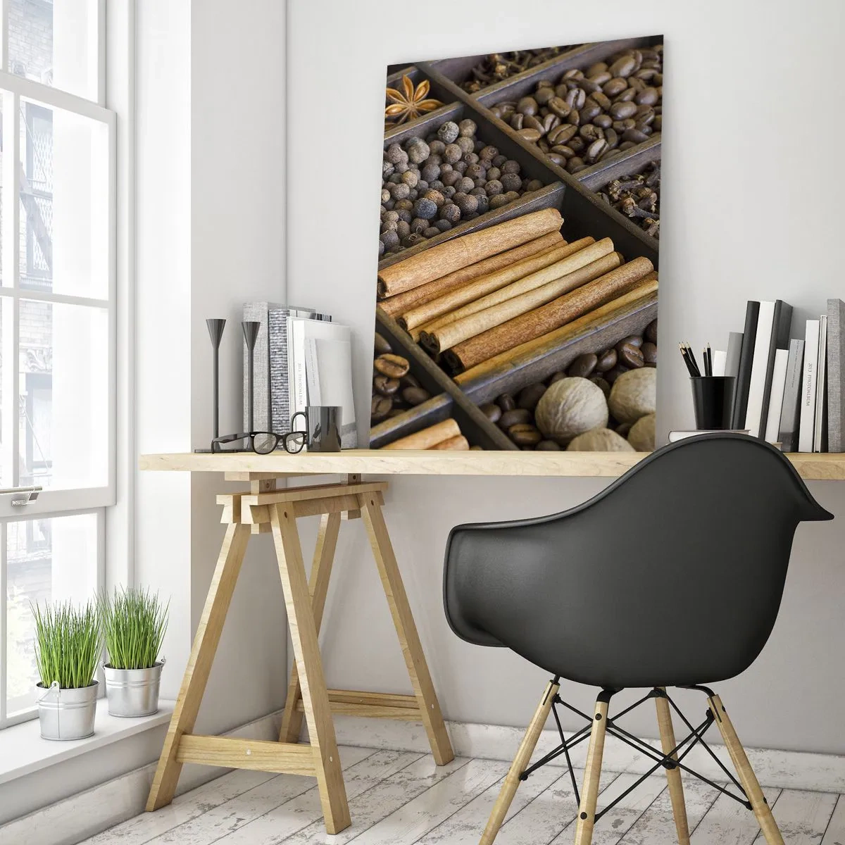 Obraz na szkle - Przyprawy w drewnianych przegródkach - 50x70cm - Skarbiec aromatów - Nowoczesna dekoracja ścienna do salonu, kuchni i sypialni ARTTOR